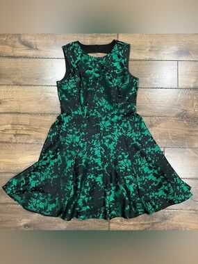 Pim + Larkin CutOut Back Black and Green FloralBrocade  Fit-and-Flare Dress LG